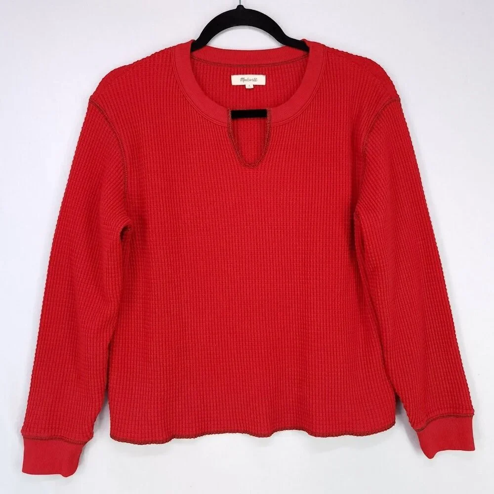 Madewell Waffle Split Neck Crop Tee Long Sleeve Size Small Red Thermal - Picture 2 of 11